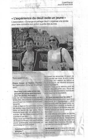 Article Ouest France - L'exprience du deuil isole un jeune - avril 2009