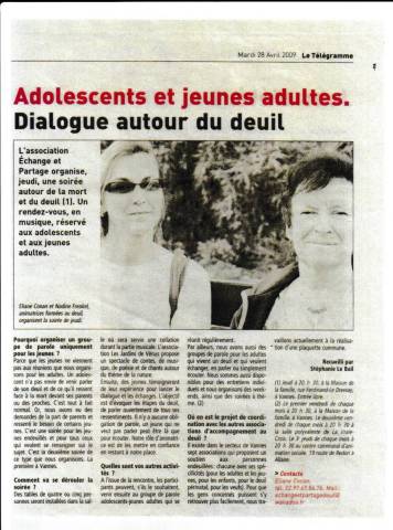 Article Tlgramme - Adolescents et jeunes adultes : Dialogue autour du deuil - avril 2009