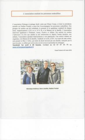 Article du Ouest France - L'association soutient les personnes endeuilles - mars 2016